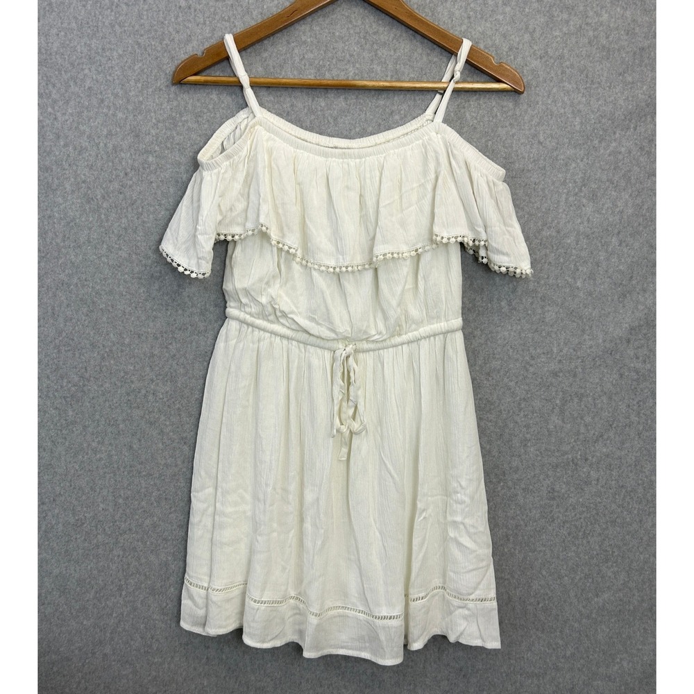 Speechless Cold Shoulder Dress Ivory Pom Pom Ruffle Boho Cottage Size Small NWT